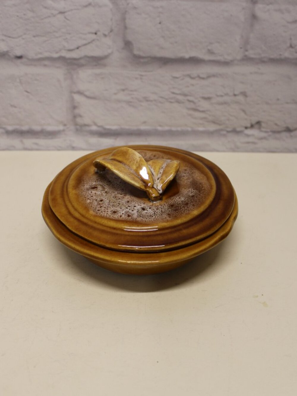 Vintage Wade of California Rustic Pottery Bowl with Leaf Handle Lid